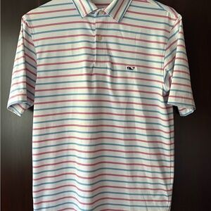 Vineyard Vines Men's Performance Polo Shirt - White with Blue and Pink Stripes